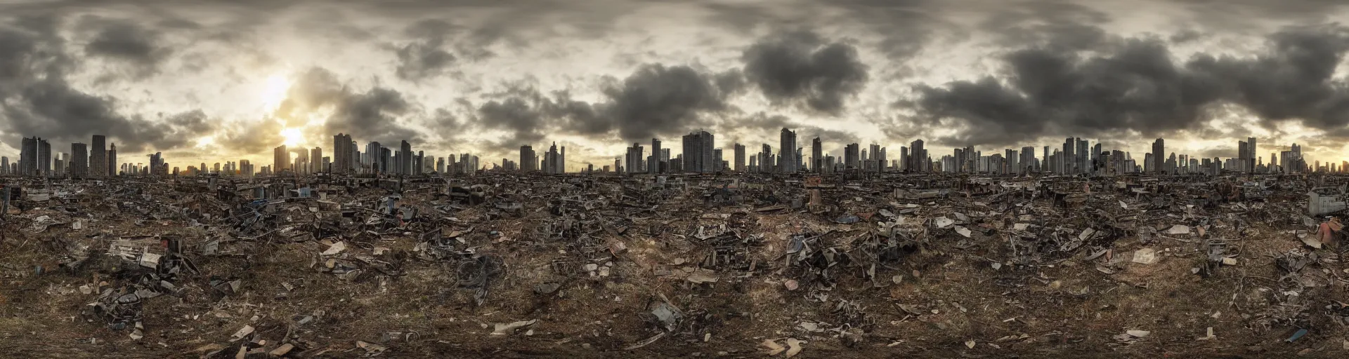 Image similar to A panorama of an ruined high-tech city, there are sparse signs of human activity. Day break. Dramatic sky. 4K.
