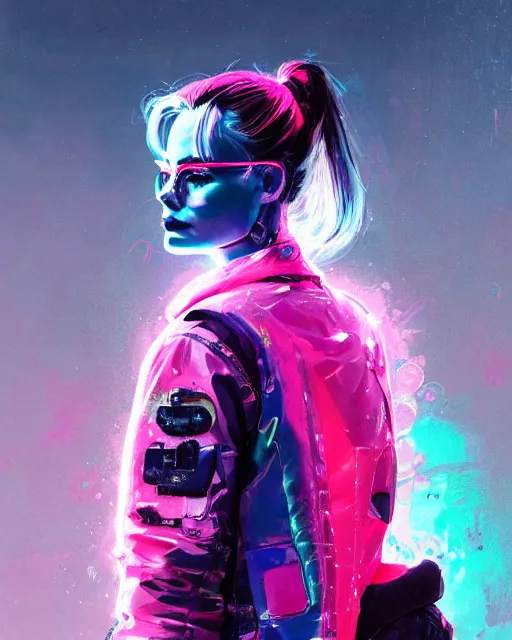 Image similar to detailed portrait Margot Robbie Neon Operator Girl, cyberpunk futuristic neon, reflective puffy coat, decorated with traditional Japanese ornaments by Ismail inceoglu dragan bibin hans thoma greg rutkowski Alexandros Pyromallis Nekro Rene Maritte Illustrated, Perfect face, fine details, realistic shaded, fine-face, pretty face