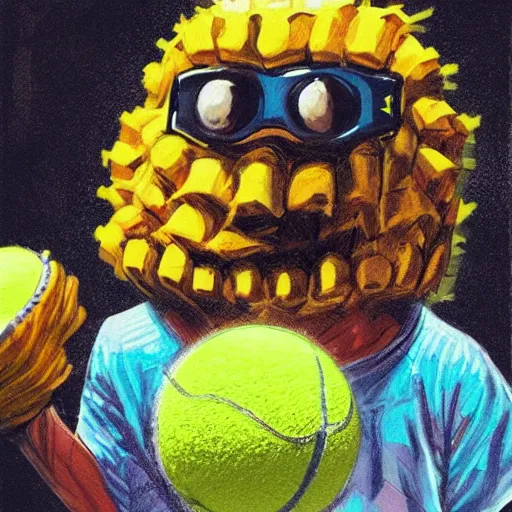 Image similar to a tennis ball monster , balaclava, wearing hip hop gold chsins, digital art, fantasy, magic, trending on artstation, ultra detailed, professional illustration by Basil Gogos