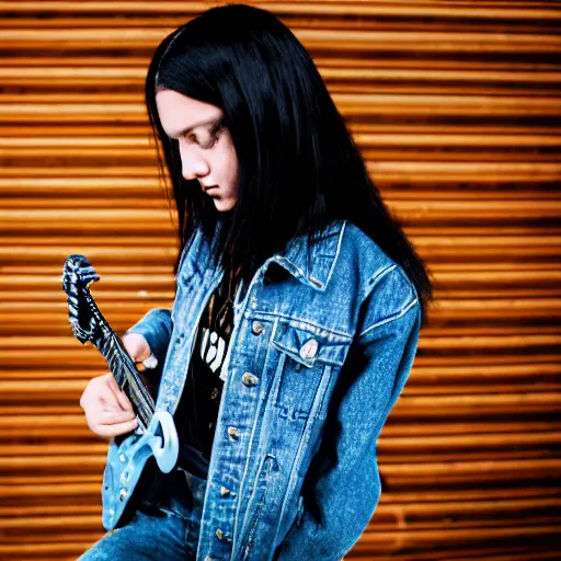 Image similar to 19-year-old girl with long shaggy black hair, wearing denim jacket and bell-bell-bottom jeans, playing electric guitar, stoner metal concert, heavy blues rock, doom metal, 30mm photography