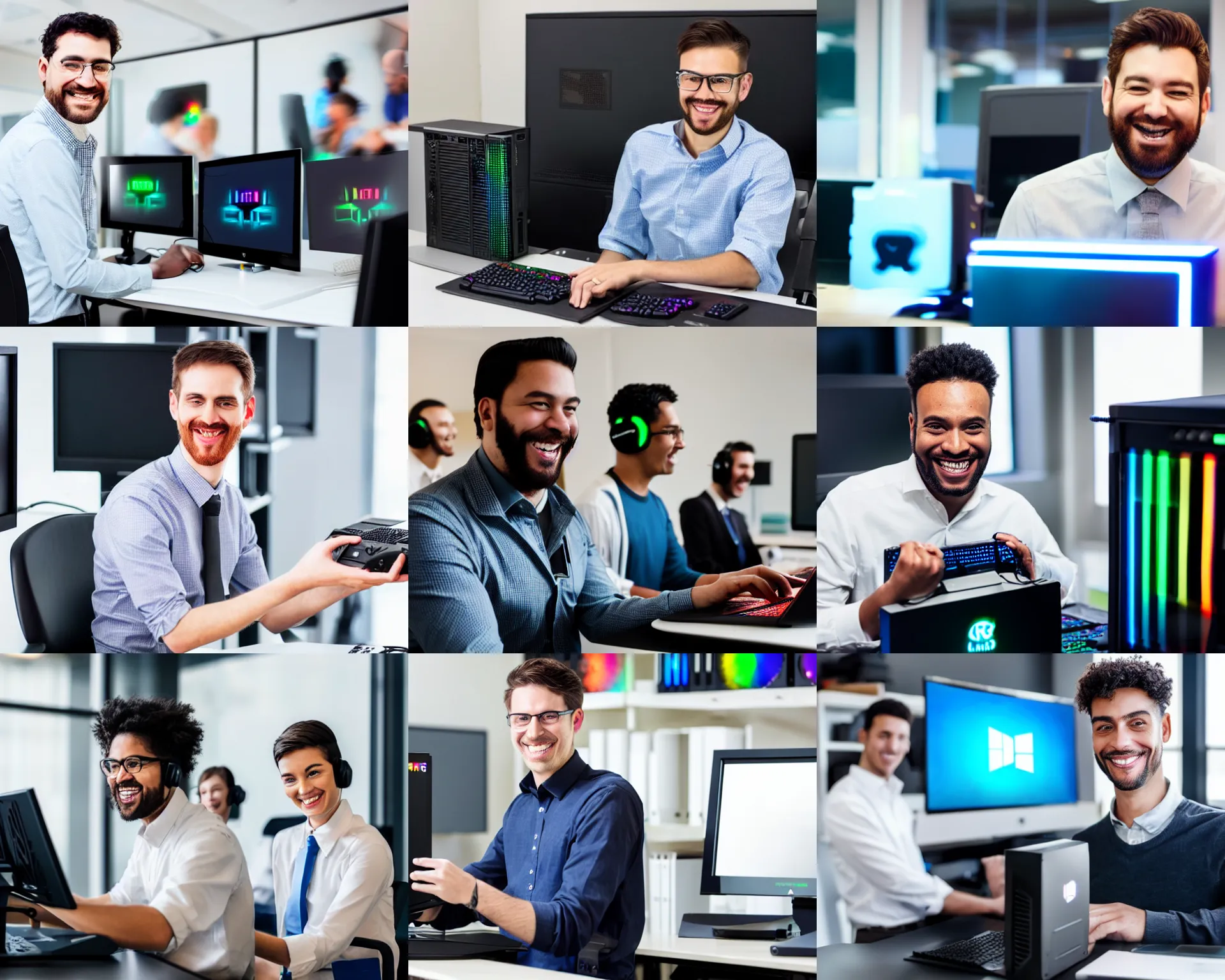 Prompt: photograph of an office worker smiling and holding an rgb gaming pc to work, his coworkers are not amused