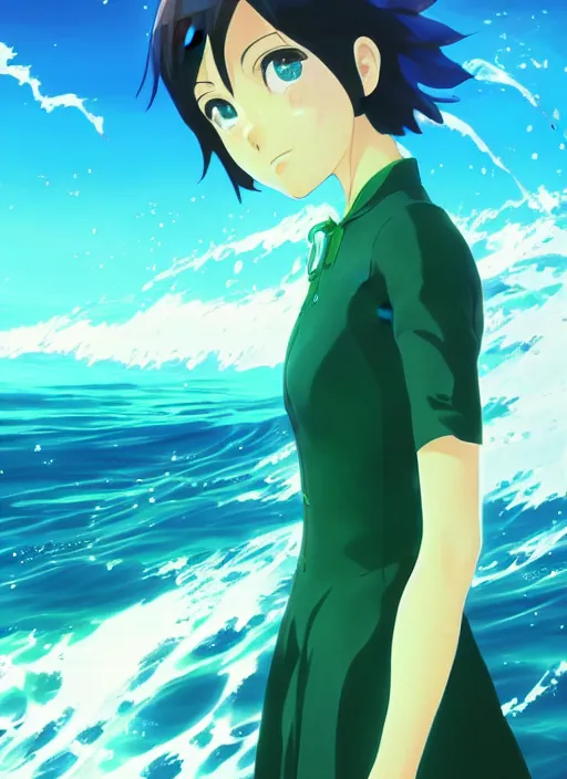 Prompt: makoto shinkai, ilya kuvshinov, beautiful kristen bell with green dress, very long blue hair, water powers water swirling, symmetrical face, symmetrical eyes, detailed, beach setting, cinematic lighting