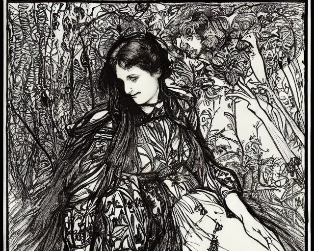 Image similar to ophelia by john everett millais, illustrated in the style of aubrey beardsley, black ink, decadent, floral, intricate line art