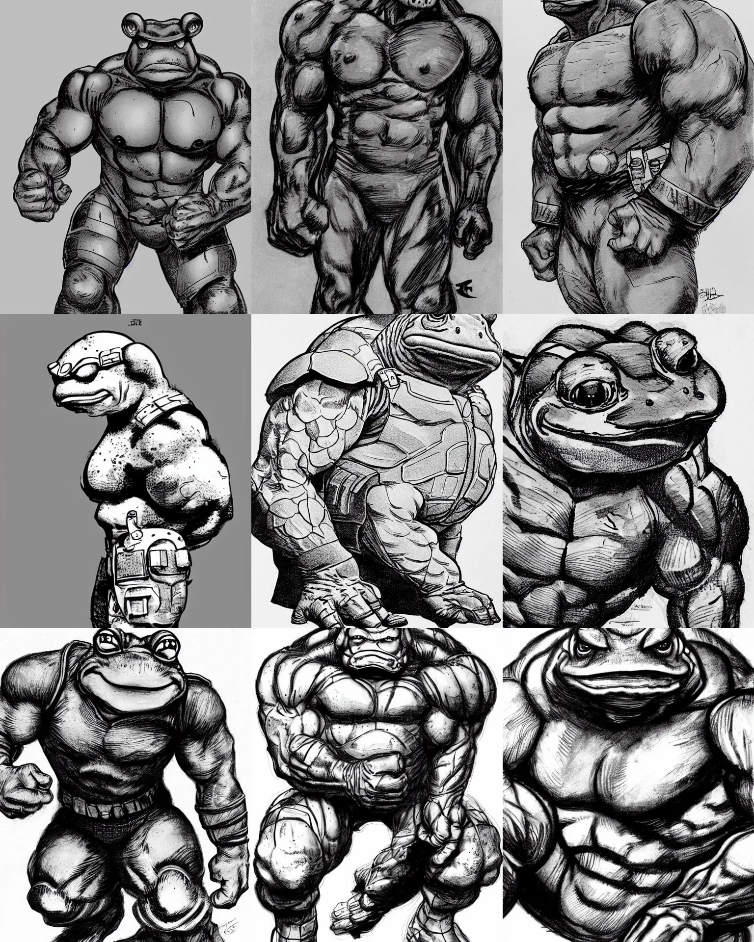 Prompt: toad animal!!! jim lee!!! medium shot!! flat grayscale ink sketch by jim lee close up in the style of jim lee, depressed dramatic bicep pose, swat soldier armor military hulk toad animal looks at the camera by jim lee