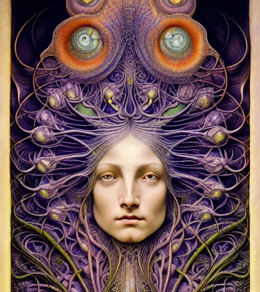 Image similar to detailed realistic beautiful psychedelic goddess face portrait by jean delville, gustave dore, iris van herpen and marco mazzoni, art forms of nature by ernst haeckel, art nouveau, symbolist, visionary, gothic, neo - gothic, pre - raphaelite, fractal lace, intricate alien botanicals, ai biodiversity, surreality, hyperdetailed ultrasharp octane render