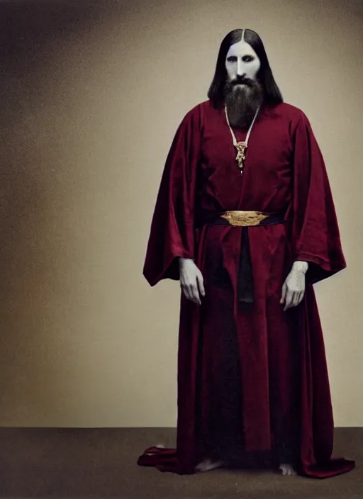 Image similar to full body portrait of a 30 year old RASPUTIN in a STOIC POSE, wearing a highly detailed deep purple and crimson robe with cloak with gold filgree. Sword on Rasputin's back. Cinematic dynamic lighting with backlight. ACTION POSE. portrait by Annie Leibovitz