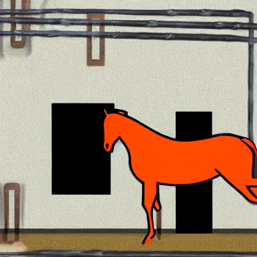 Image similar to horse with orange inmate clothes, in a jail