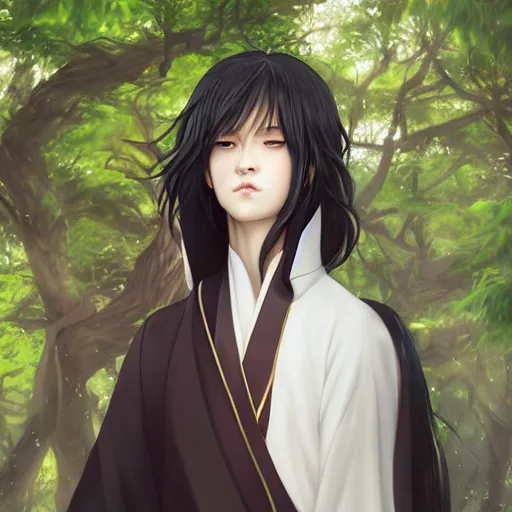 Image similar to a young beautiful prince, golden eyes, long black hair, white hanfu, elegant, intricate, backlit, incredible lighting, strong rim light, subsurface scattering, hyper realistic anime, beautiful landscape, cherry trees, highly detailed digital painting, by Heise Jinyao, Heise-Lian Yan Fang, Feimo, Rossdraws, Sakimichan HDRI, vivid colors, high contrast, unreal engine, cgsociety, octane render, trending on artstation, 8k