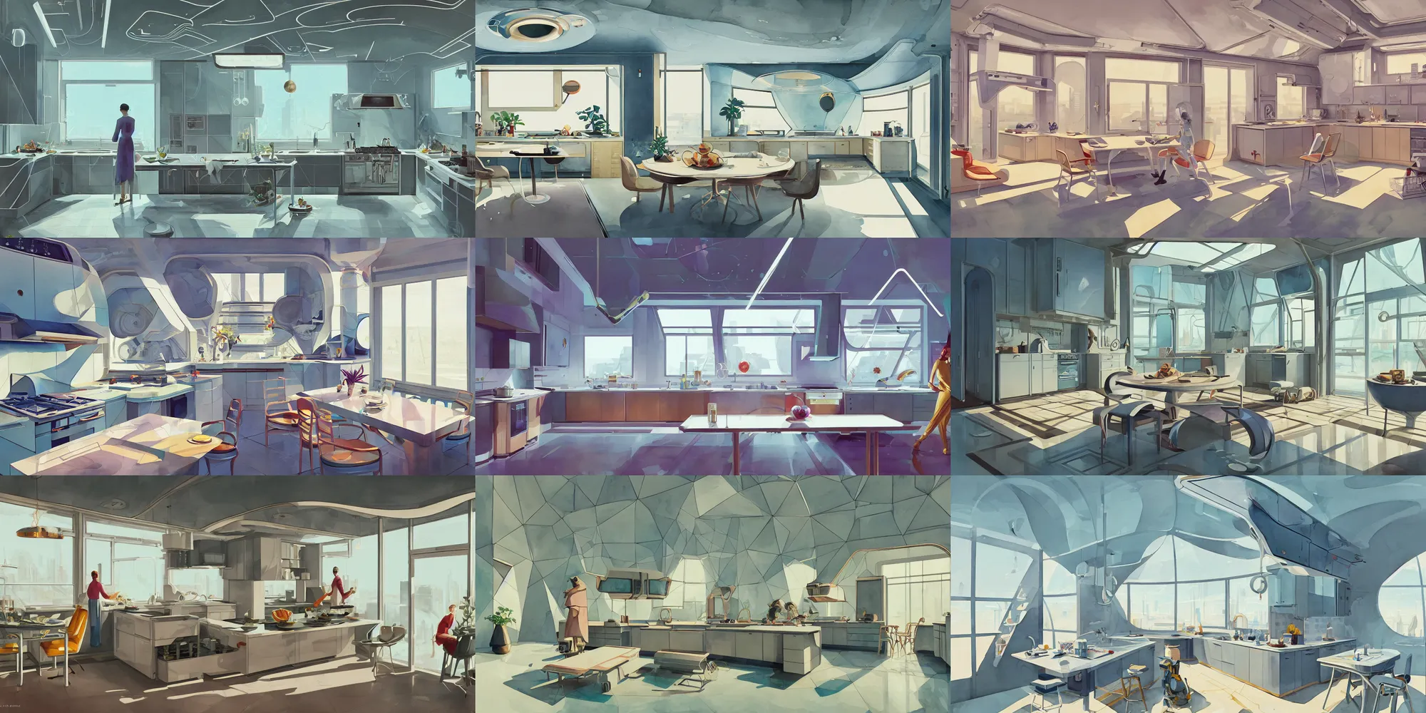 Prompt: a beautiful illustration of futuristic kitchen, lots of furniture, big medium small, sacred geometry, golden ratio, in watercolor gouache detailed paintings, in style of syd mead, trending on artstation, 8 k, panel, hard surface, wallpaper, zaha hadid, scattered props, plant, cozy, decoration, simon stalenhag, wes anderson, cyberpunk