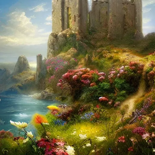 Image similar to the valley of flowers! near the sea! of dreams, ancient towers by quentin mabille