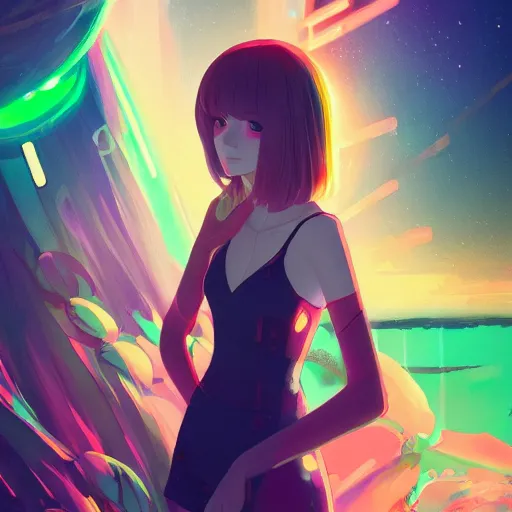 Image similar to portrait of aurora asknes, colorful interior as background, rich vivid colors, ambient lighting, dynamic lighting, 4k, official media, anime key visual, makoto shinkai, ilya kuvshinov, lois van baarle, rossdraws, detailed, trending on artstation