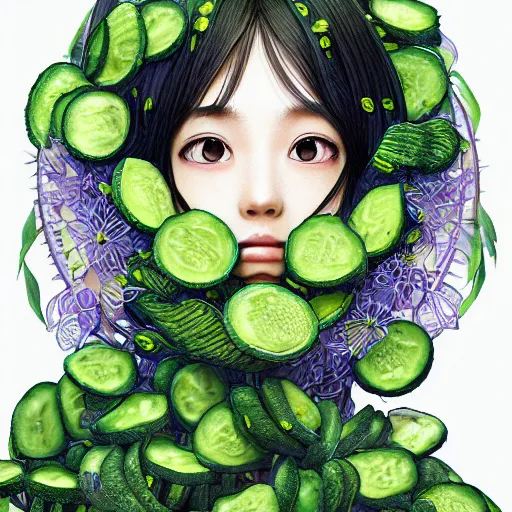 Prompt: the portrait of an unbelievably beautiful, elegant and cute japanese teen girl partially made of cucumbers looking up, an ultrafine detailed illustration by james jean, intricate linework, bright colors, final fantasy, behance contest winner, vanitas, angular, altermodern, unreal engine 5 highly rendered, global illumination, radiant light, detailed and intricate environment