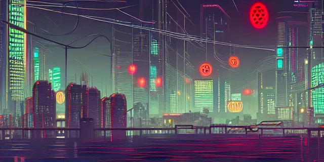 Image similar to network of technological dots floating in the middle of a cyberpunk tokyo 2 0 9 9 city, in the art style of dan mumford and marc simonetii, atmospheric lighting, intricate, volumetric lighting, beautiful, sharp focus, ultra detailed