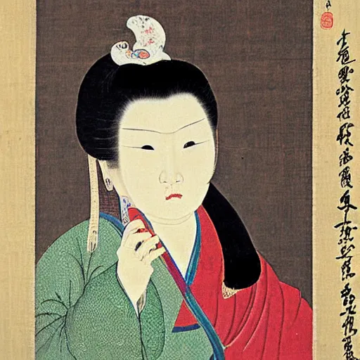 Prompt: the Chinese ancient painting of a lady drinking coffee in Tang Dynasty , by Han Xizai