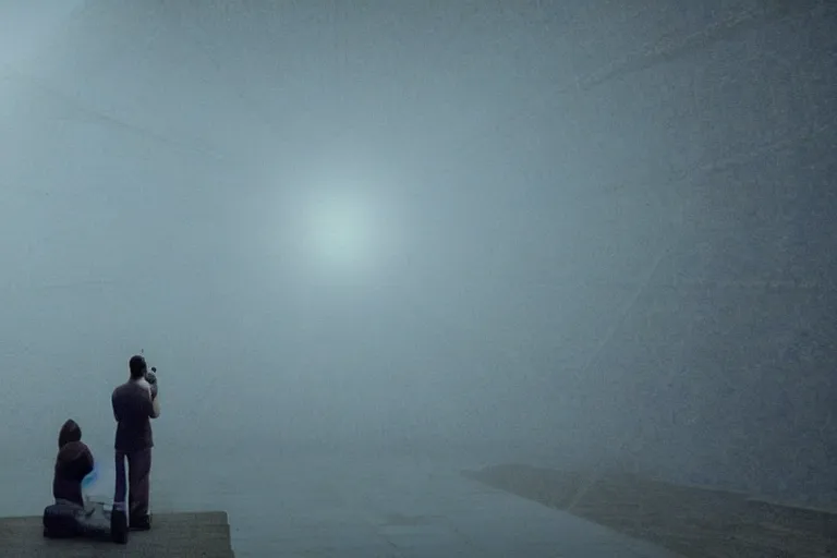 Image similar to a tourist taking a photo of a complex organic fractal 3 d living humanoid megastructure, cinematic shot, foggy, photo still from movie by denis villeneuve