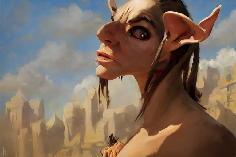 Image similar to greg manchess portrait of a house elf standing victorious in an arena, profile picture, organic painting, sunny day, matte painting, bold shapes, hard edges, street art, trending on artstation, by huang guangjian, gil elvgren, ruan jia, randy vargas, greg rutkowski