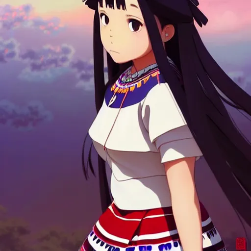 Image similar to a beautiful! plus sized native women instagram model, brown skin, wearing elegant catholic school girl designer fashion with mayan pattern and native style, aztec street fashion, gapmoe yandere grimdark, trending on pixiv fanbox, painted by greg rutkowski makoto shinkai takashi takeuchi studio ghibli, akihiko yoshida