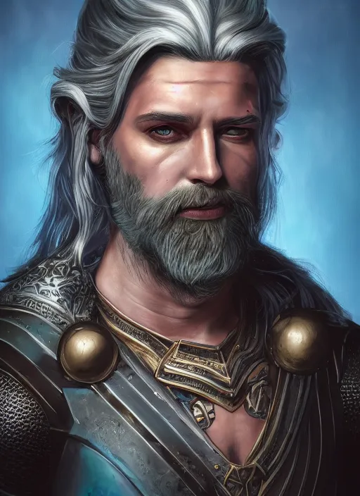 Image similar to an epic fantastic realism comic book style portrait painting of an aasimar paladin, male, shaggy silver hair, short brown beard, steve argyle, d & d concept art, unreal 5, daz, teal aesthetic, octane render, cosplay, rpg portrait, dynamic lighting