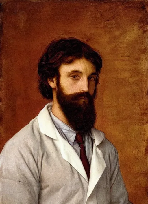 Prompt: Pre-Raphaelite young beautiful brown-haired bearded muscular doctor with medical mask the operating room