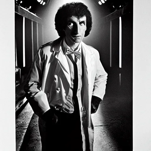 Image similar to a long shot, black & white studio photographic portrait of doctor who, dramatic backlighting, 1 9 7 3 photo from life magazine, color