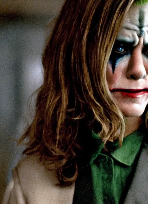 Image similar to film still of Jennifer Aniston as The Joker in The Dark Knight, 4k