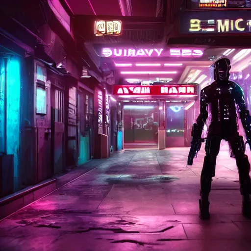 Prompt: A synthetic mercenary with human appearance and a gun drinking at a bar, night, cyberpunk city, purple neon, bladerunner, hyperrealistic, 8k render, cinematic lightning, ultra hd