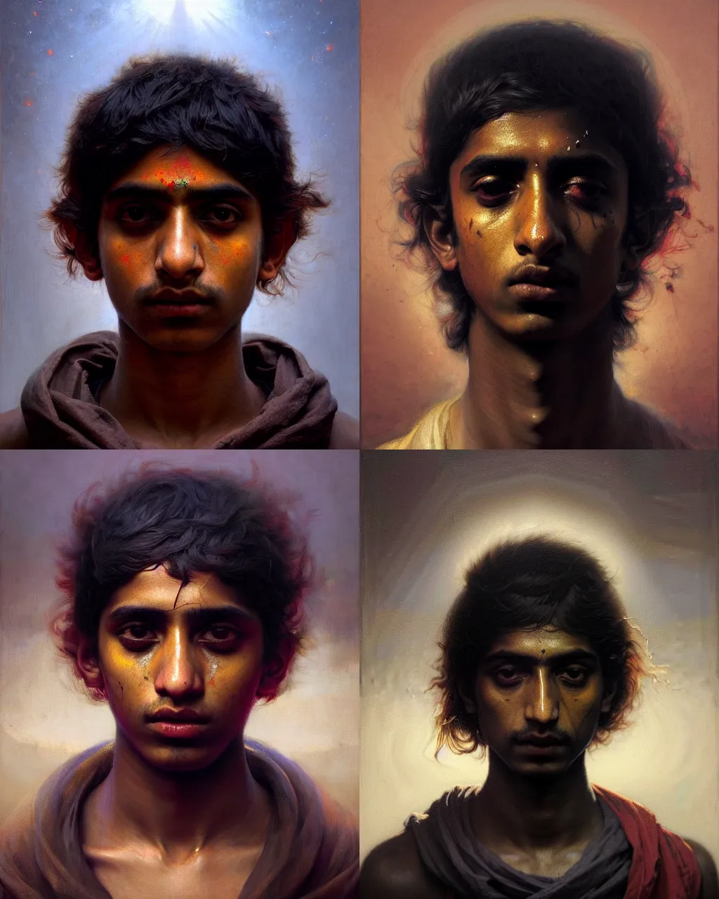 Prompt: a beautiful dramatic classical portrait of a spaced out indian stoner teenager boy, head only, by greg rutkowski, by anthony van dyck, by zdzisław beksinski, oil on canvas, baroque color palette, trending on artstation, masterpiece, cold lighting, detailed, 8 k