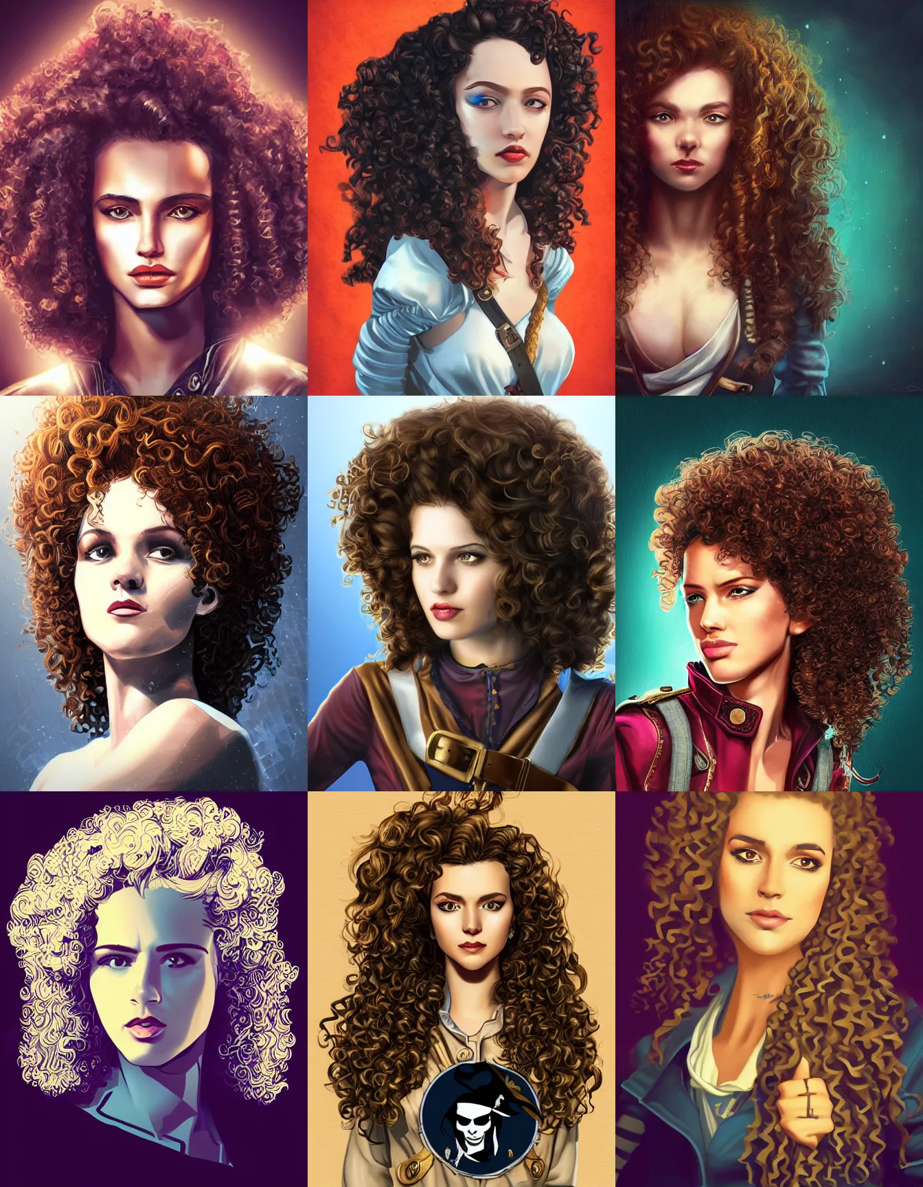 Prompt: smart female pirate captain 2 6 years old, curly hair, fully clothed, wise, beautiful, portrait by stanley artgerm, dramatic lighting, trending on artstation, flat colour, geometric curves, gradient filter, art deco pattern, sharp focus