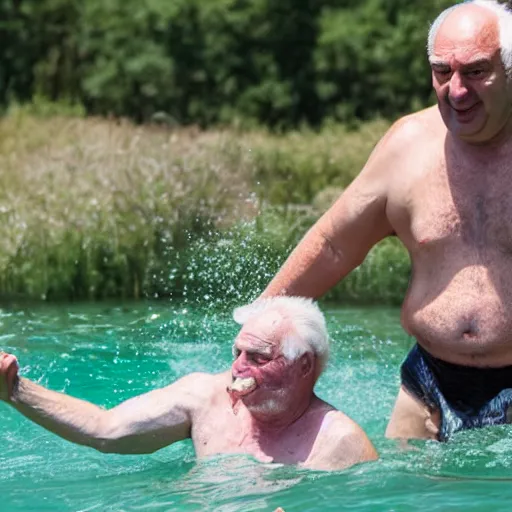 Prompt: mid white hair old man with green shirt and white short, jumping in the water with kevin o'leary