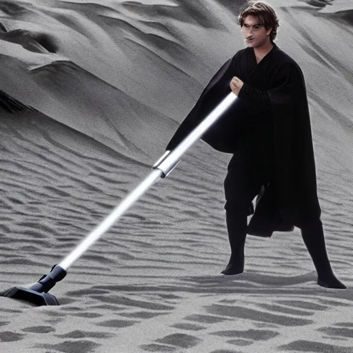 Image similar to Anakin Skywalker vacuuming the beach to remove sand, highly realistic