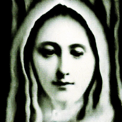 Image similar to marian apparition in forest, found footage, vhs, 1 9 9 0, beautiful, highly realistic, highly detailed, vhs noise static, black and white, vhs glitch