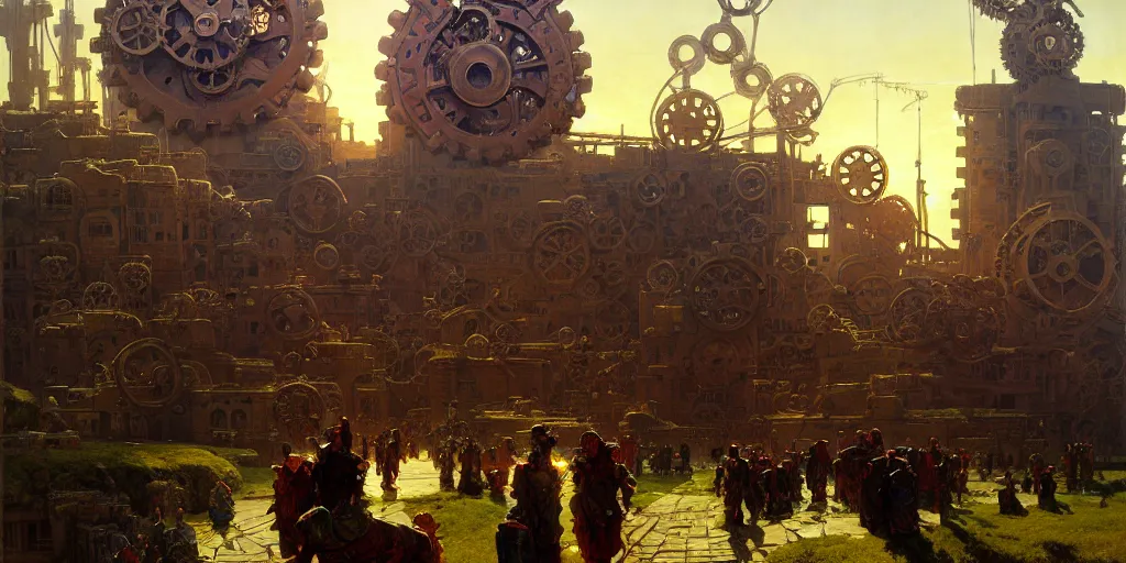 Prompt: giant interlocked gears cogs, giant mechanisms, industry, villages castles, buildings vista artstation illustration sharp focus sunlit vista painted by ruan jia raymond swanland lawrence alma tadema zdzislaw beksinski norman rockwell tom lovell alex malveda greg staples