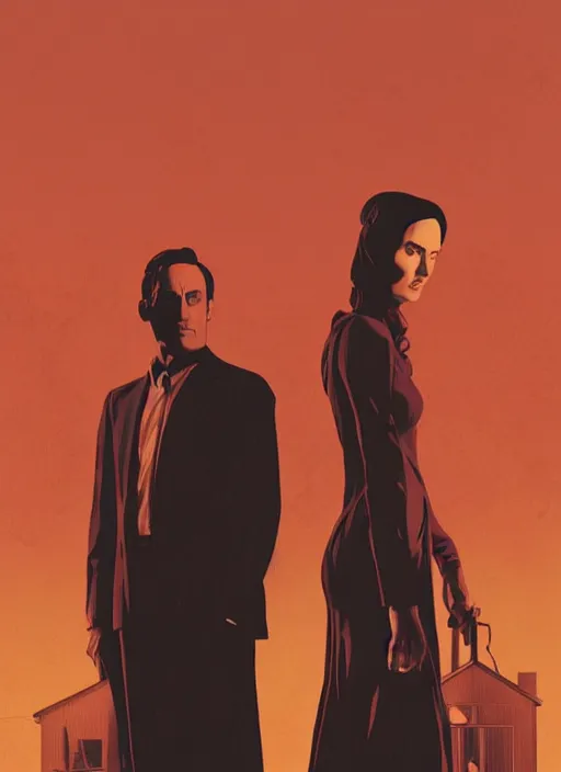 Image similar to poster artwork by Michael Whelan and Tomer Hanuka, Karol Bak of Naomi Watts & Jon Hamm husband & wife portrait, in the pose of American Gothic, from scene from Twin Peaks, clean, simple illustration, nostalgic, domestic, full of details