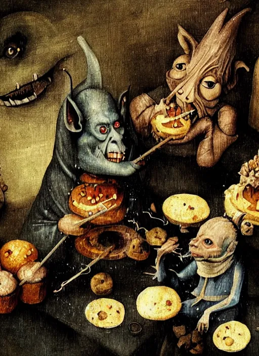 Image similar to medieval goblin eating cakes painted by hieronymus bosch, detailed digital art, trending on Artstation