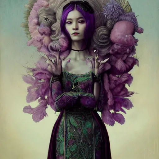 Prompt: photorealistic soft paint of absurdities and curiosities, very beautiful dollpunk asian princess full long dress, ultra deep fog, purple black lustrous thin haircut, partial symmetry accurate features, focus, very intricate ultrafine details, award winning masterpiece, tom bagshaw ross tran