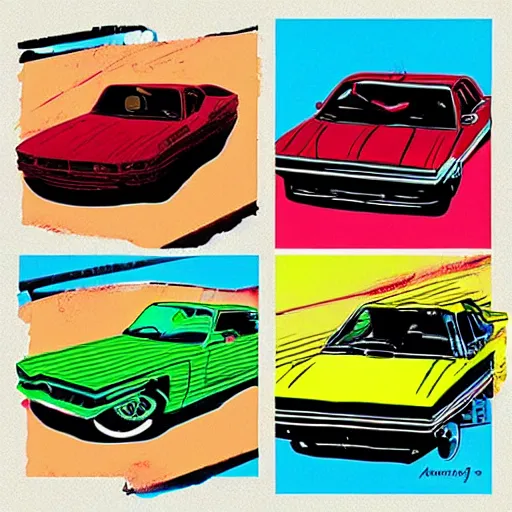 Image similar to a set of cars designed by andy warhol, digital art