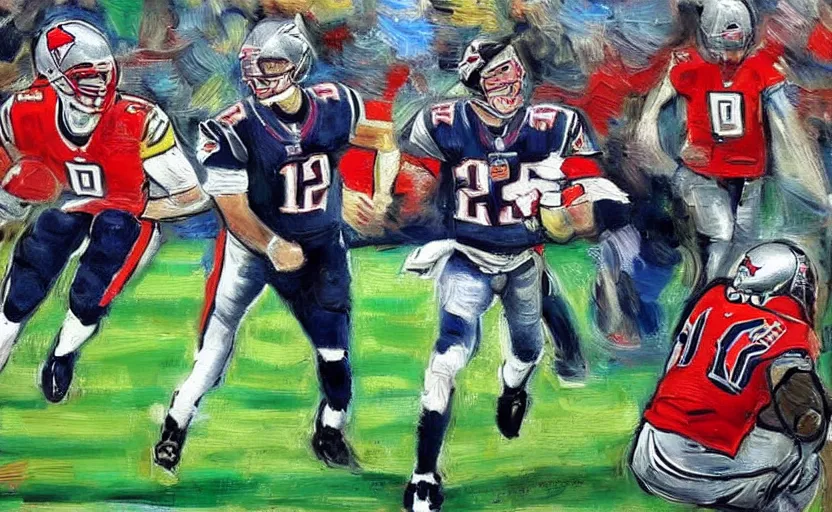Prompt: ''A painting of Tom Brady as a Buccaneers football player in the style of Van Gogh''