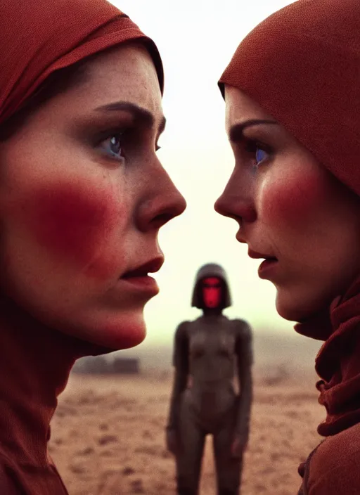 Image similar to cinestill 5 0 d photographic portrait by steve mccurry of two loving female androids wearing rugged black techwear on a desolate plain with a red sky in front of a brutalist structure, extreme closeup, cyberpunk style, dust storm, 8 k, hd, high resolution, 3 5 mm, f / 3 2, ultra realistic faces, ex machina