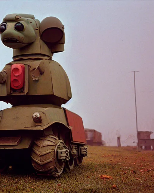 Prompt: giant oversized chubby bulky armored train pug dog robot mech, with big pug head , rocket launcher , on a village , Cinematic focus, fujicolor photo, vintage, neutral colors, soft lights, foggy, panorama by by Serov Valentin, by lisa yuskavage, by Andrei Tarkovsky