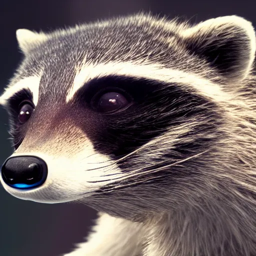 Prompt: a hyperrealistic octane render of a raccoon with a telephoto lens for a nose, photorealism, unreal engine, dramatic lighting, volumetric lighting, uplighting
