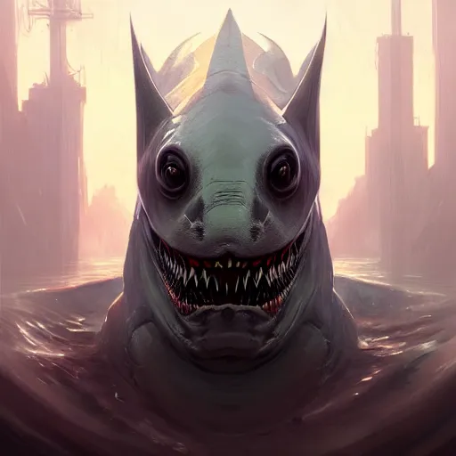 Image similar to professional ominous concept art portrait of a shark - human chimera character by artgerm and greg rutkowski. an intricate, elegant, highly detailed digital painting, concept art, smooth, sharp focus, illustration, in the style of simon stalenhag, wayne barlowe, and igor kieryluk.