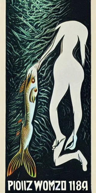 Image similar to Polish movie poster for a horror film about a woman with a fish for a head, 1983