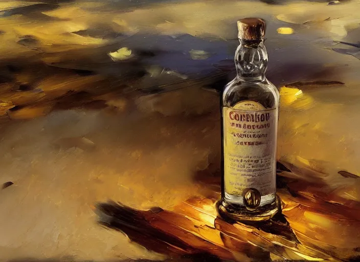 Image similar to palette knife, impasto oil painting of whiskey bottle by cordelia wilson, thick paint brush strokes, art by anders zorn, wonderful masterpiece by greg rutkowski, beautiful cinematic light, american romanticism by greg manchess, creation by tyler edlin