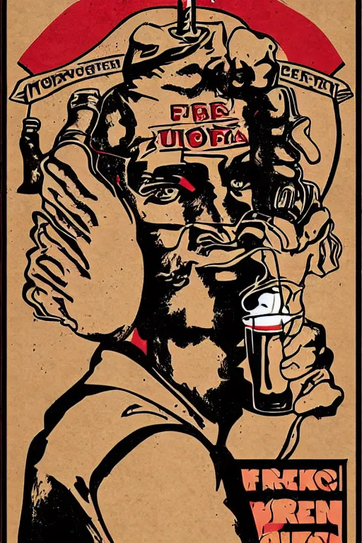 Image similar to worker revolution drinking beer and fried chicken through his head, poster propaganda art style, higly detailed