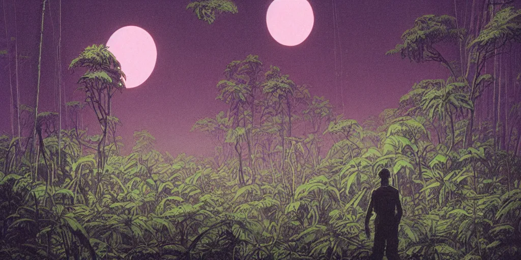 Prompt: grainy risograph matte painting, gigantic huge evangelion - like mecha, black, a lot of exotic vegetation, trees, flowers, tall grass, pastel matte colors, staying in the foggy huge dark night forest covered with web and cotton and a lot of glow - worms, by moebius, chesley bonestell and tim white, hyperrealism