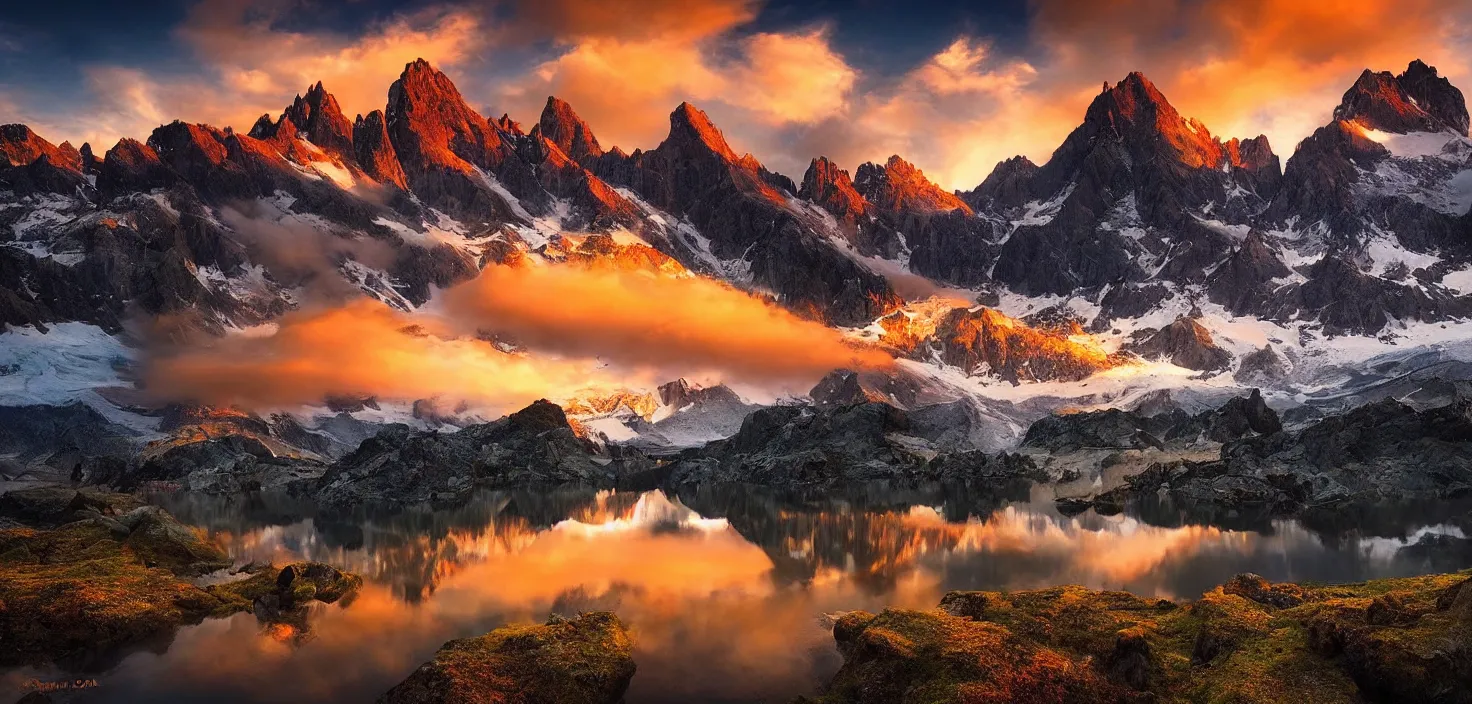 Image similar to amazing landscape photo of mountains with lake in sunset by marc adamus, beautiful dramatic lighting