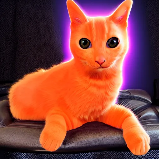 Prompt: hyper realistic orange furry cat sits on the human laps, realistic, synthwave