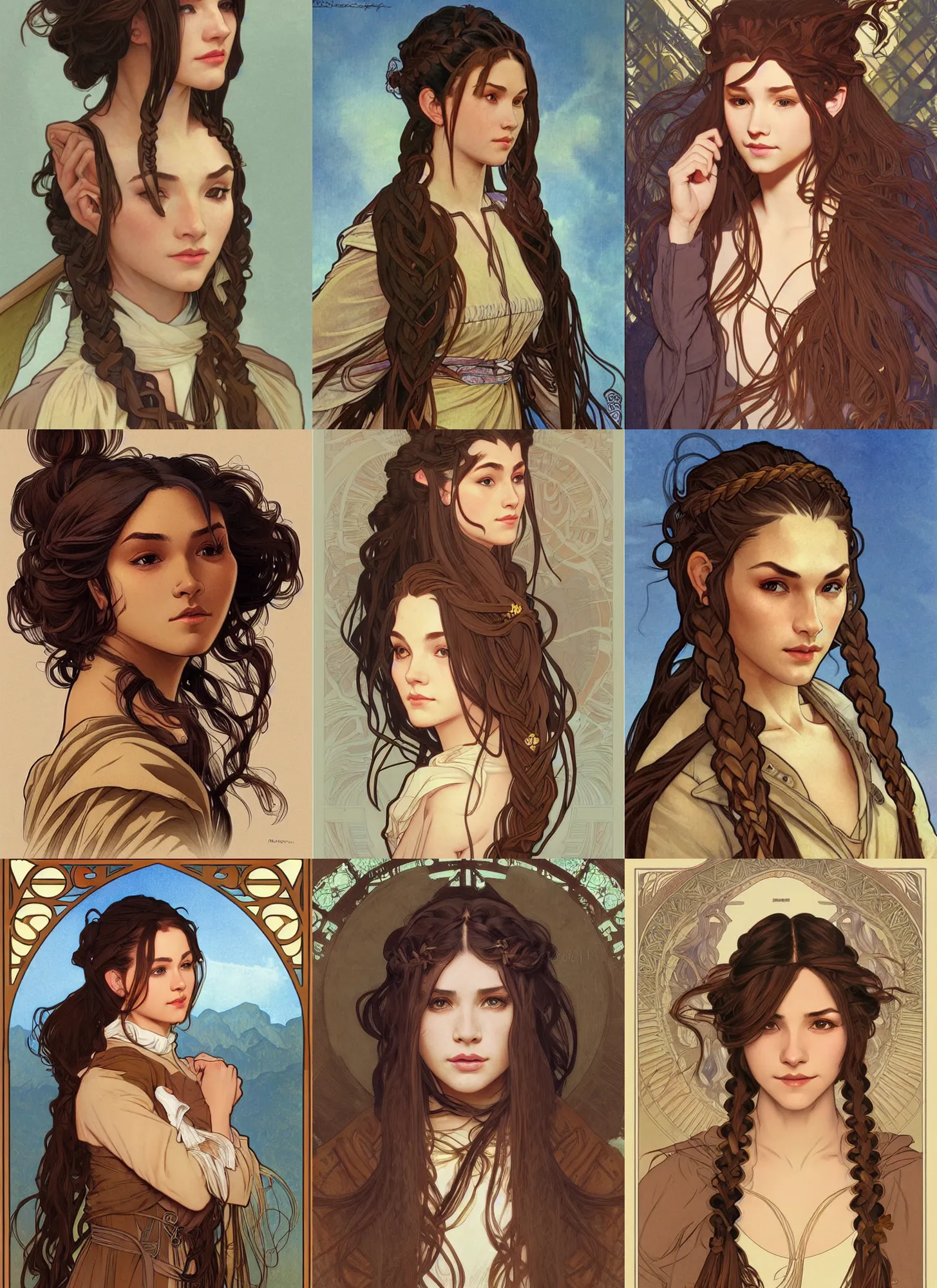 Prompt: head an shoulders portrait of beautiful young half elf monk, female, trench coat, brown braided hair, brown skin, digital illustration, by rossdraws, alphonse mucha, frank fanzzeta, collectible car art