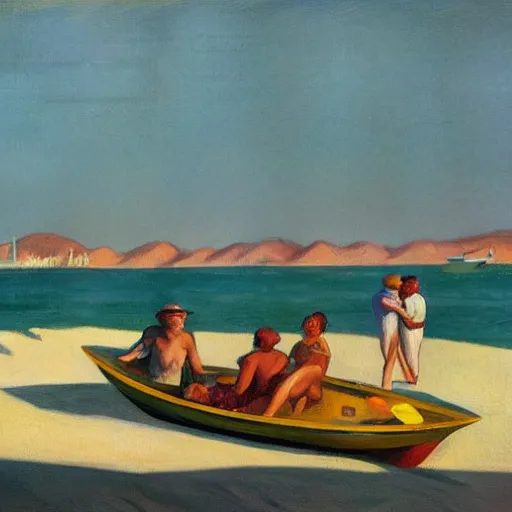 Prompt: a beach in rio de janeiro, characters in a boat, by edward hopper, award winning, cinematic