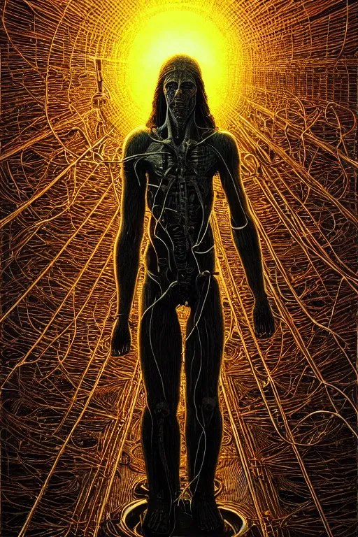 Image similar to full body shot of a cybernetic jesus on the cross, wires, cyberpunk art by beksinski and szukalski and giger and seb mckinnon and dan mumford and wlop and josan gonzalez, digital art, highly detailed, intricate, sharp focus, trending on artstation hq, deviantart, pinterest, unreal engine 5, 4 k uhd image